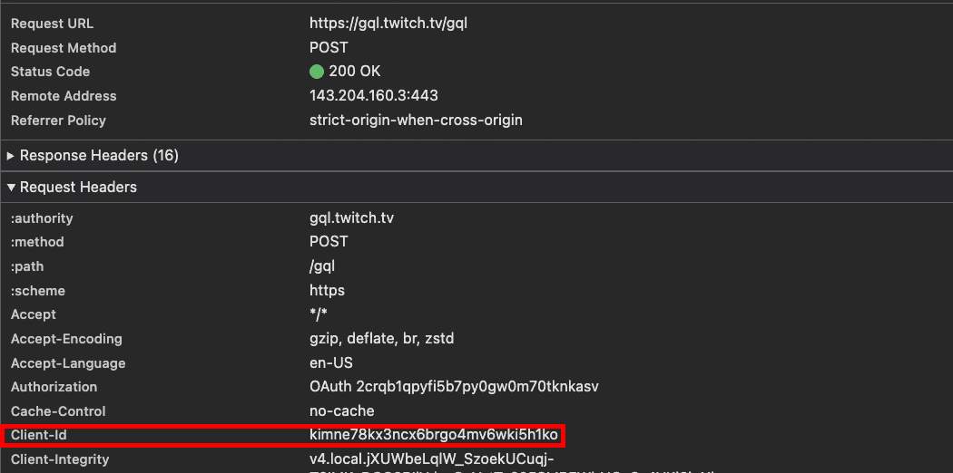 Twitch client ID in Devtools