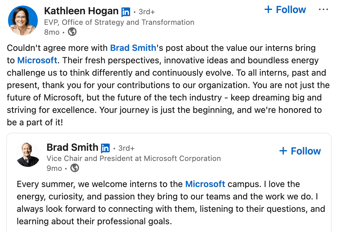 Microsoft's LinkedIn post about interns