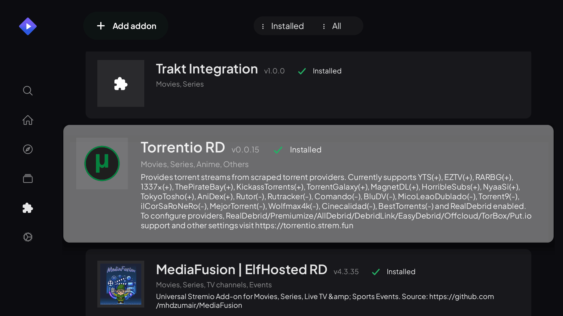 Torrentio Addon Installed on Device