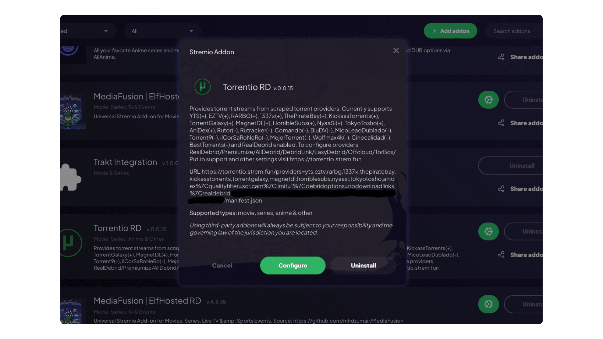 Torrentio Addon Modal