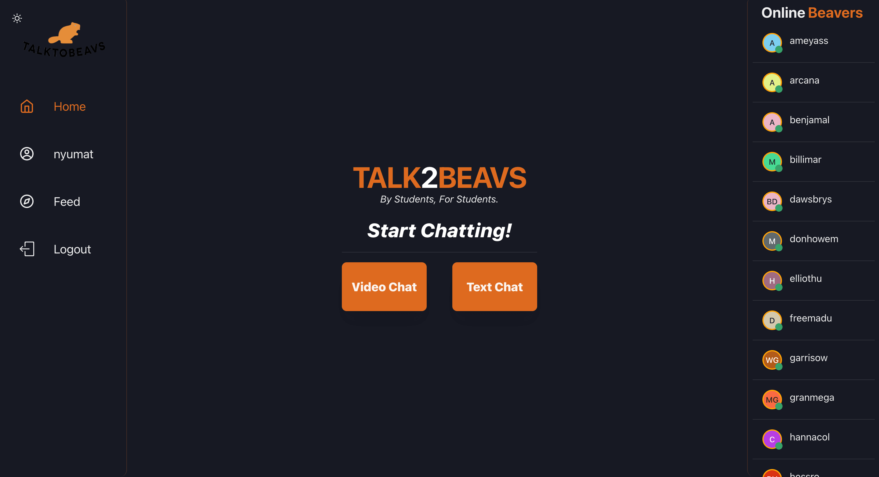 TalkToBeavs home page with dark theme