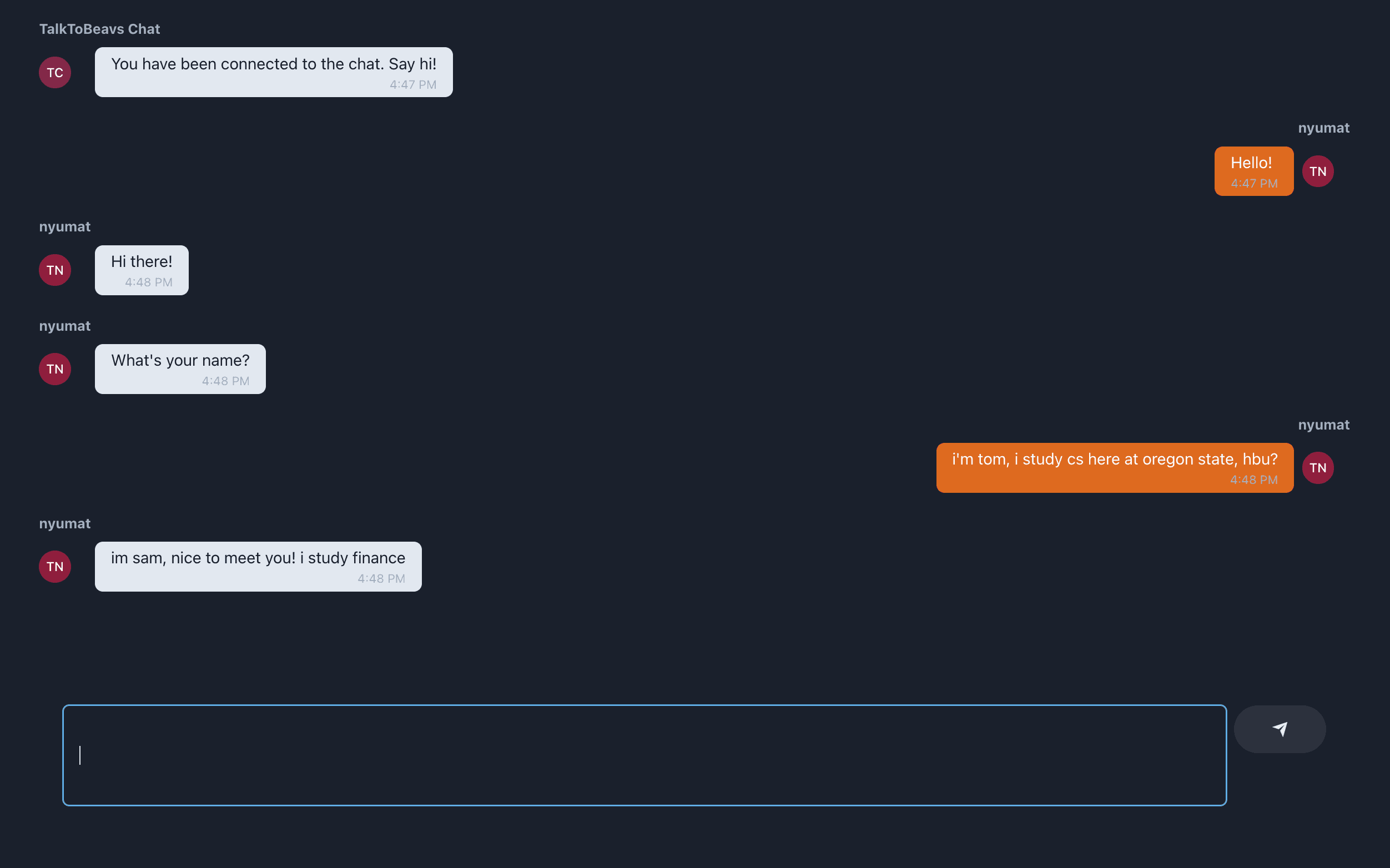 TalkToBeavs text chat interface with dark theme